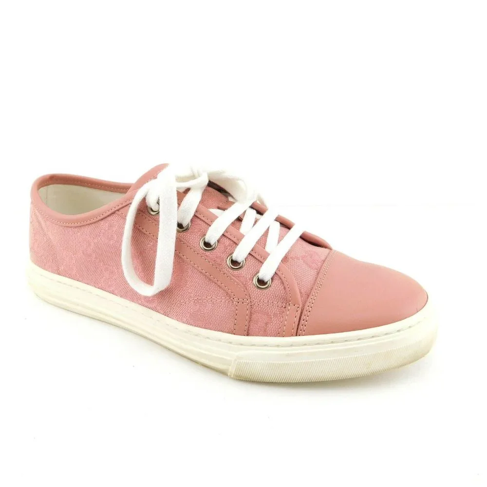 GUCCI Pastel Pink Leather Cap Toe GG Logo Monogram Canvas Lace-up Sneakers 39
